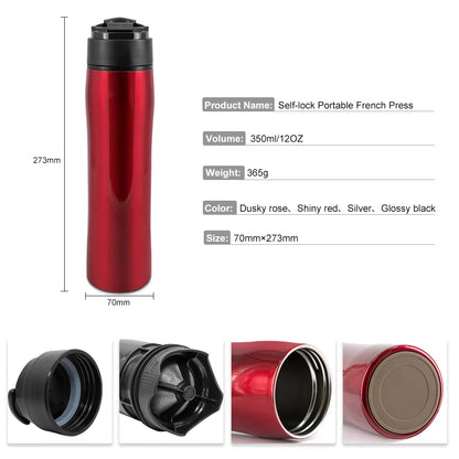 350ML Portable French Press Pot Double Thermal Insulation Cold Storage Travel Outdoor Stainless Steel Bottle Coffee Tea Maker