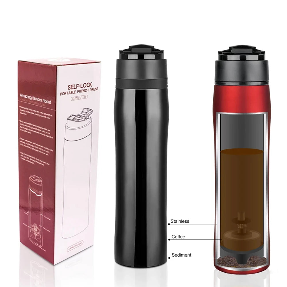 350ML Portable French Press Pot Double Thermal Insulation Cold Storage Travel Outdoor Stainless Steel Bottle Coffee Tea Maker