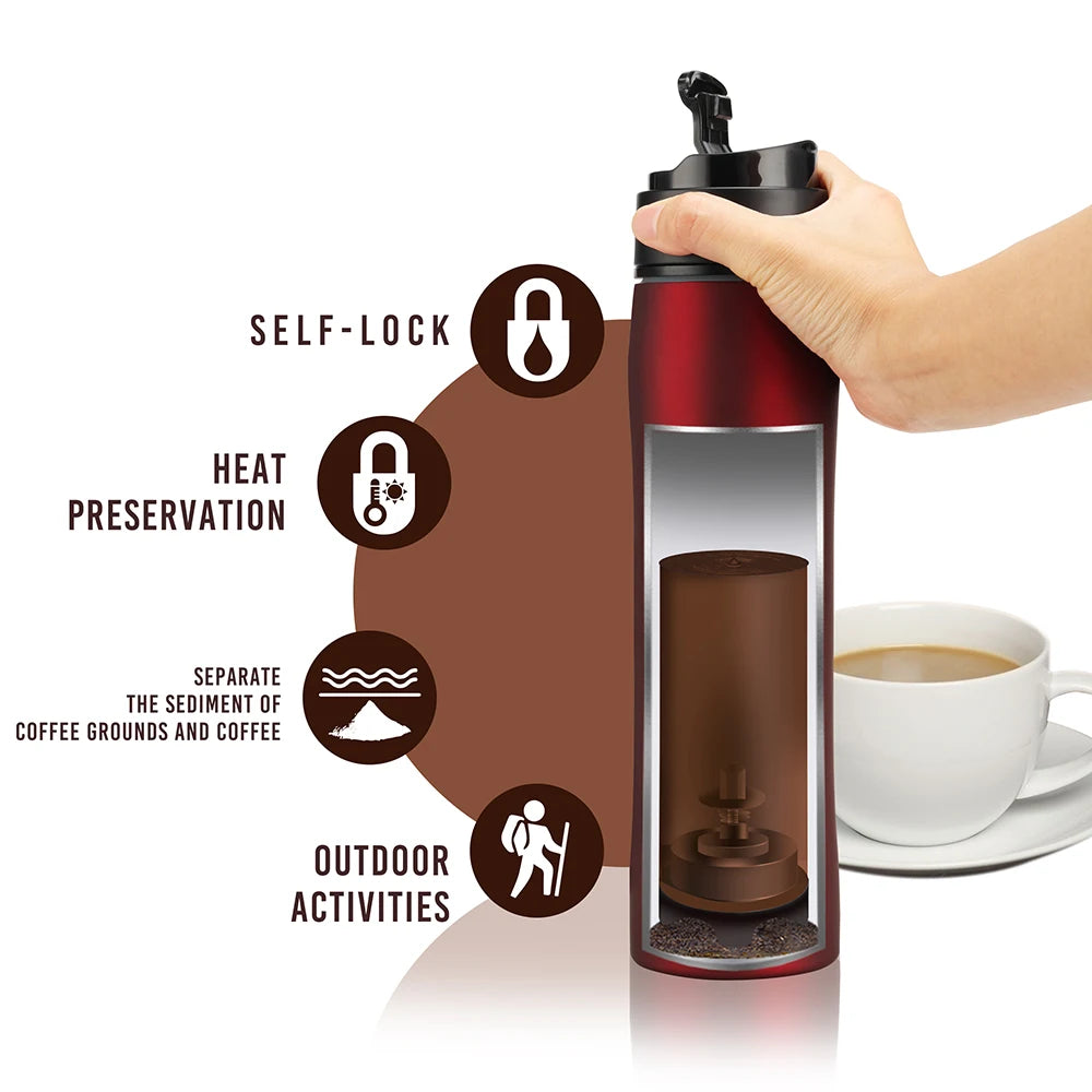 350ML Portable French Press Pot Double Thermal Insulation Cold Storage Travel Outdoor Stainless Steel Bottle Coffee Tea Maker